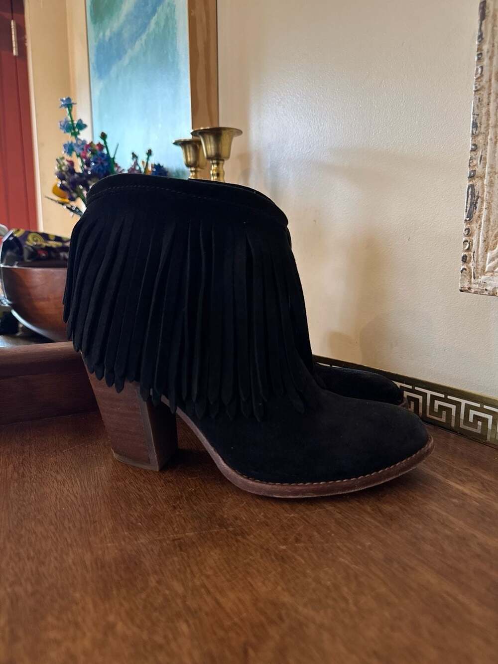 Frye Jenna Fringe Suede Ankle Boots in Black